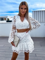 White Women's V-Neck Lace Hollow out Crop Top Sexy Temperament Skirt Dress