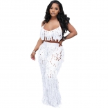 White Sexy Perspective Knitted Hand Hook Tassel Jumpsuit Two Pieces Set