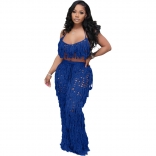 Blue Sexy Perspective Knitted Hand Hook Tassel Jumpsuit Two Pieces Set
