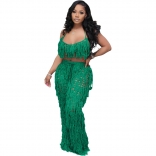 Green Sexy Perspective Knitted Hand Hook Tassel Jumpsuit Two Pieces Set