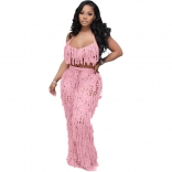 Pink Sexy Perspective Knitted Hand Hook Tassel Jumpsuit Two Pieces Set