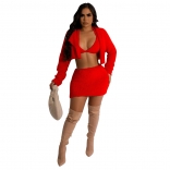 Red Women's Polar Fleece Velvet Bra Skirt Coat 3PCS Sets Bodycon Party Dress