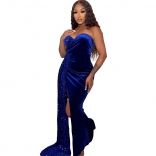 Blue Women's Sexy Nightclub Party Sequin Patched Chest Wrap Long Dress