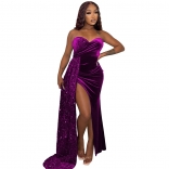Purple Women's Sexy Nightclub Party Sequin Patched Chest Wrap Long Dress