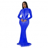 Blue Women's Mesh Rhinstone Bodycon Evening Elegant Long Prom Maxi Dress