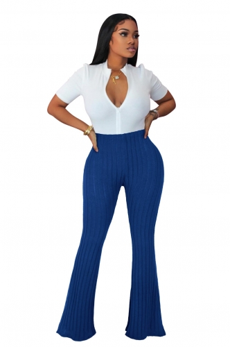 Blue Women's Brushed Flare Pants Bodycon Stripe Sexy Office Lady Long Trousers