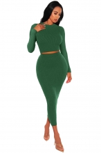 Green Women's Striped Crop Tops Bodycon Formal Pleated Half Skirt Midi Dress