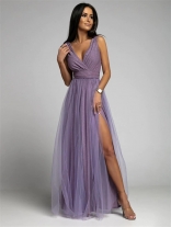 Purple Sleeveless Deep V-Neck Halter Mesh Pleated Evening Elegant Long Dress