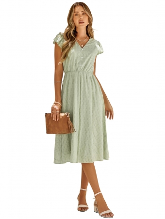 LightGreen Women's Casual Solid V-neck Hollowed Out Midi Skirt Dress