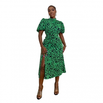 Green Fashion Women's Printed Short Sleeve Split Midi Dress