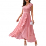 Pink Women's V-Neck Sleeveless Lace Mesh Maxi Skirt Evening Long Dress