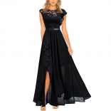 Black Women's Sleeveless Lace Hollow-out Mesh Maxi Slim Fit Prom Long Dress