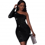Black Women's Sexy Fashion Brilliant Silk Oblique Shoulder Single Sleeve Dress
