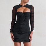 Black Women's Mesh Long Sleeve Hollow Out Low Cut Bodycon Mini Dress
