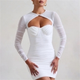 White Women's Mesh Long Sleeve Hollow Out Low Cut Bodycon Mini Dress
