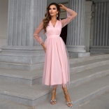 Pink Women's Sexy Solid Wedding Skirt Mesh V-Neck High Waist Slim Fit Midi Dress