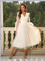 White Women's Sexy Solid Wedding Skirt Mesh V-Neck High Waist Slim Fit Midi Dress