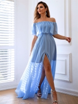 Blue Women's Pleated Off Shoulder Layered Split Party Prom Elegant Long Dress