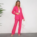 RoseRed Women's Casual Stripe Small Suit Coat Prom Jumpsuit Straight Pants Two Piece Set