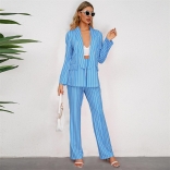 SkyBlue Women's Casual Stripe Small Suit Coat Prom Jumpsuit Straight Pants Two Piece Set
