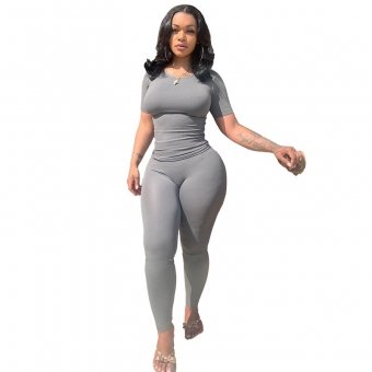 Grey Short Sleeve Cotton Stripe Bodycon Two Pieces Sexy Jumpsuit