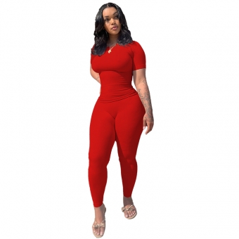 Red Short Sleeve Cotton Stripe Bodycon Two Pieces Sexy Jumpsuit