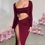 WineRed Women's Sexy Square Neck Long Sleeve High Split Hollow Prom Long Dress