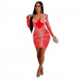Red Mesh Long Sleeve A-Line Bodycon Rhinestones Pleated Mini Dress