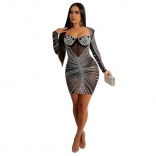 Black Mesh Long Sleeve A-Line Bodycon Rhinestones Pleated Mini Dress