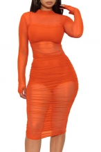 Orange Women's Long Sleeve Halter Tank Top Shorts Three Piece Set Party Dress