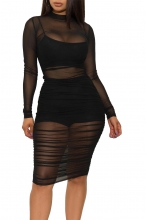 Black Women's Long Sleeve Halter Tank Top Shorts Three Piece Set Party Dress