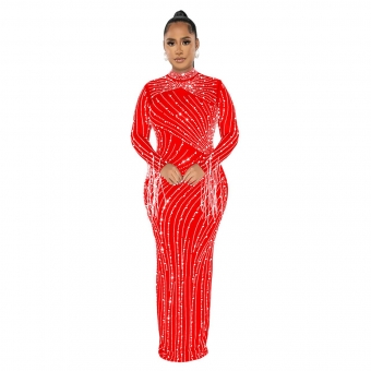 Red Elegant Women's Long Sleeve Mesh Diamond Two Piece Set Long Dress