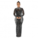 Black Elegant Women's Long Sleeve Mesh Diamond Two Piece Set Long Dress