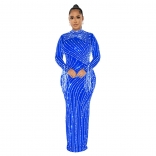 Blue Elegant Women's Long Sleeve Mesh Diamond Two Piece Set Long Dress