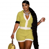 YellowGreen Women's Buttons V-Neck Hollow Out Sexy Shorts Two Piece Pant Set