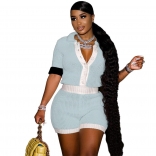 LightBlue Women's Buttons V-Neck Hollow Out Sexy Shorts Two Piece Pant Set