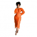 Orange Long Sleeve Sweaters Fashion Women Tassels Bodycon Midi Dress