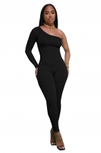 Black One Sleeve Diagonal Shoulder Slim Fit Sexy Party Bodycon Jumpsuit Dress