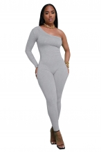 Grey One Sleeve Diagonal Shoulder Slim Fit Sexy Party Bodycon Jumpsuit Dress