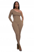 Khaki One Sleeve Diagonal Shoulder Slim Fit Sexy Party Bodycon Jumpsuit Dress