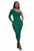 Green One Sleeve Diagonal Shoulder Slim Fit Sexy Party Bodycon Jumpsuit Dress