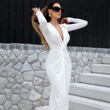White Women's Deep V-Neck Long Sleeve Fashion Pleated Bodycon Prom Long Dress