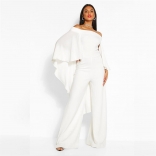 White Off-Shoulder Boat-Neck Chiffion Women Fashion Jumpsuit Dress