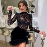 Black Lace Long Sleeve Hollow-out Women's Sexy Feather Mini Dress