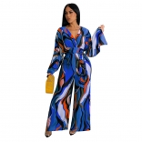 Blue Printed Women Long Sleeve V-Neck Fashion Casual Jumpsuit Dress
