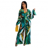Green Printed Women Long Sleeve V-Neck Fashion Casual Jumpsuit Dress