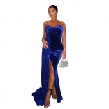 Blue Off-Shoulder Low-Cut Bodycon Sequins Sexy Velvet Evening Dress