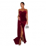 WineRed Off-Shoulder Low-Cut Bodycon Sequins Sexy Velvet Evening Dress