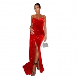 Red Off-Shoulder Low-Cut Bodycon Sequins Sexy Velvet Evening Dress