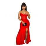 Red Women's Straps V-Neck Mesh Sleeveless Evening Prom Split Long Dress